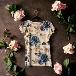 Gaze USA White w/Blue/Pink/Green Floral Print Top